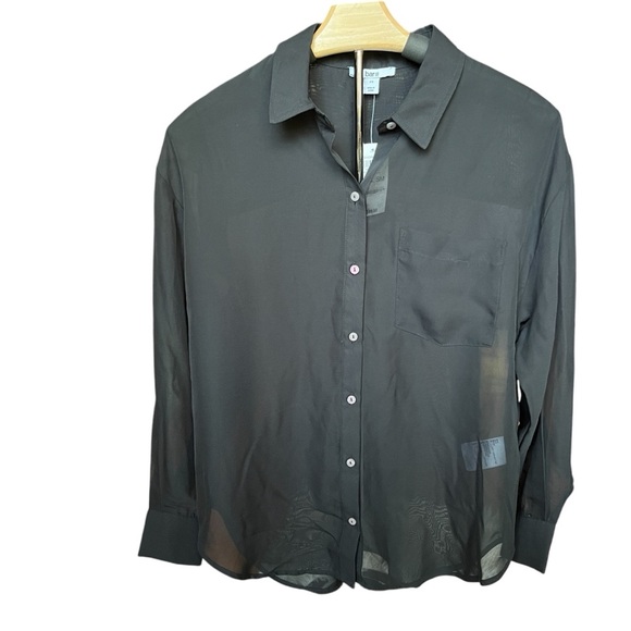 NWT Bar iii Long Sleeve Collared Button Front Blouse SP Black Sheer Relaxed Fit - Picture 1 of 14
